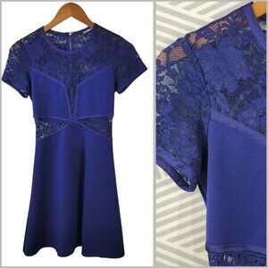 Express Shirt Dress Size XS Lace inset Cut Out Navy Blue Fit Flare Event Sexy